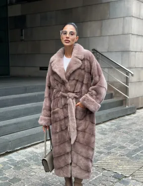 Шуба из меха норки с английским воротником - цвет пыльная роза