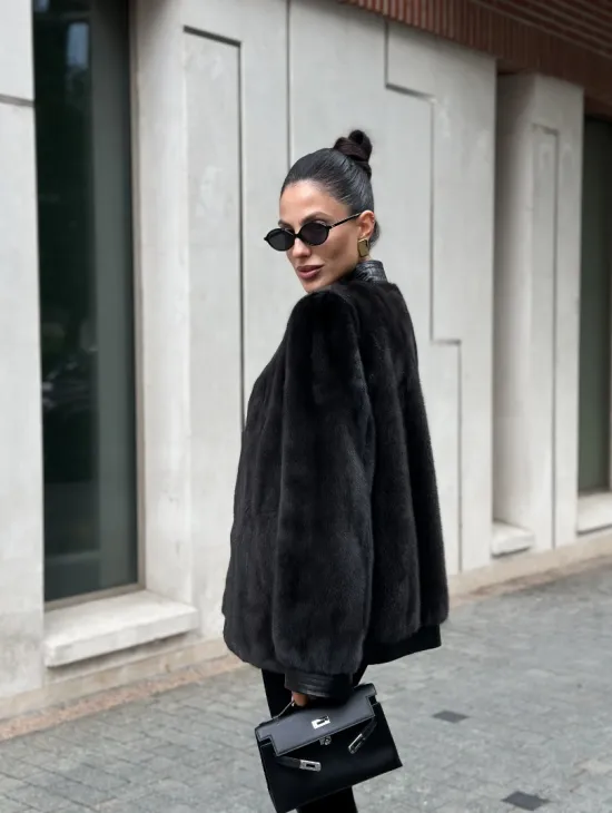 Жакет - шуба из меха норки с отделкой из кожи - графит