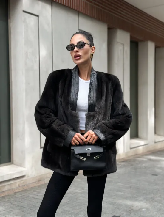 Жакет - шуба из меха норки с отделкой из кожи - графит