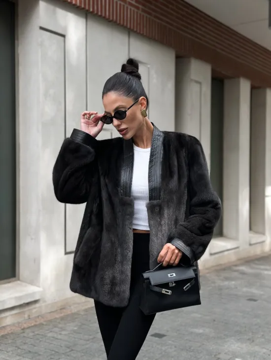 Жакет - шуба из меха норки с отделкой из кожи - графит