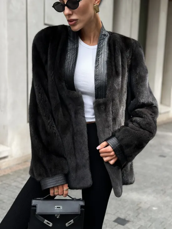 Жакет - шуба из меха норки с отделкой из кожи - графит