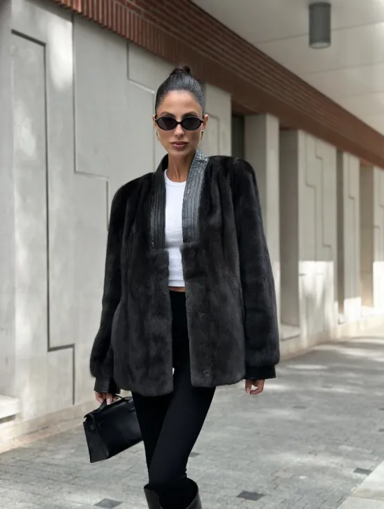 Жакет - шуба из меха норки с отделкой из кожи - графит