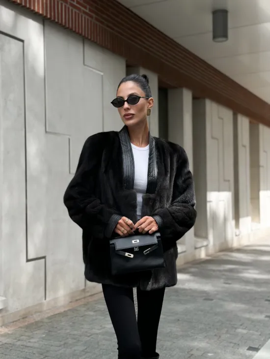 Жакет - шуба из меха норки с отделкой из кожи - графит