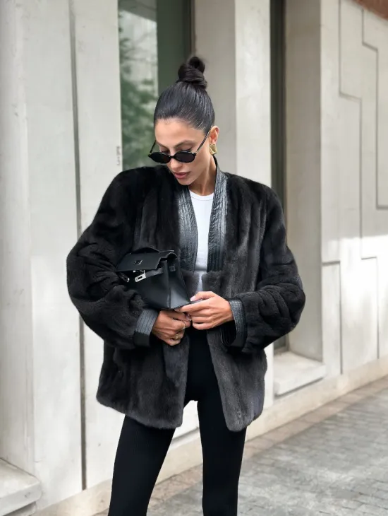 Жакет - шуба из меха норки с отделкой из кожи - графит