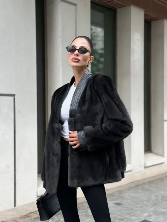 Жакет - шуба из меха норки с отделкой из кожи - графит