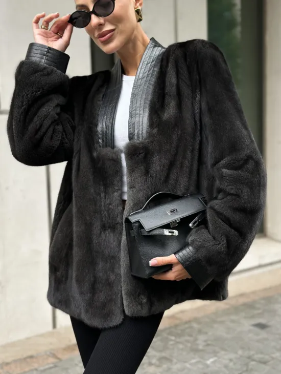 Жакет - шуба из меха норки с отделкой из кожи - графит