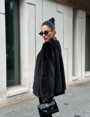 Жакет - шуба из меха норки с отделкой из кожи - графит