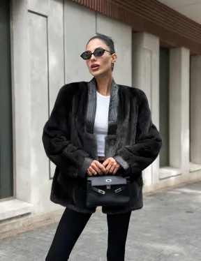 Жакет - шуба из меха норки с отделкой из кожи - графит