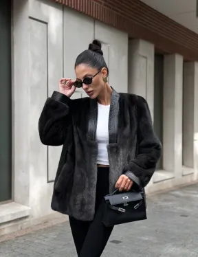 Жакет - шуба из меха норки с отделкой из кожи - графит