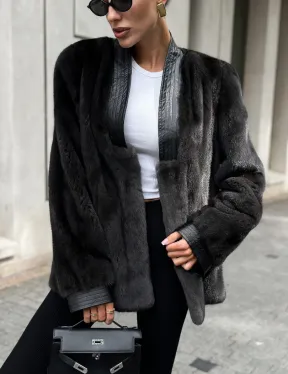 Жакет - шуба из меха норки с отделкой из кожи - графит