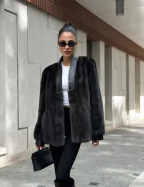 Жакет - шуба из меха норки с отделкой из кожи - графит