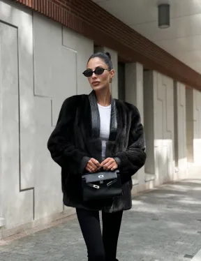 Жакет - шуба из меха норки с отделкой из кожи - графит