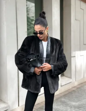 Жакет - шуба из меха норки с отделкой из кожи - графит