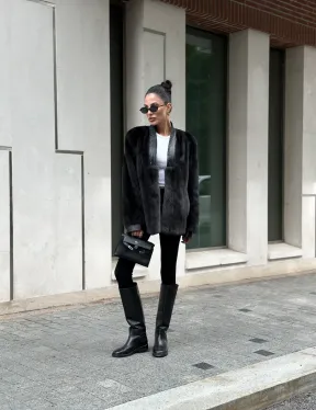 Жакет - шуба из меха норки с отделкой из кожи - графит