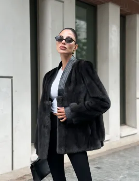 Жакет - шуба из меха норки с отделкой из кожи - графит