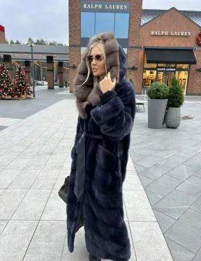 Норковая шуба с капюшоном из меха куницы - цвет инфинити (темно-синий)