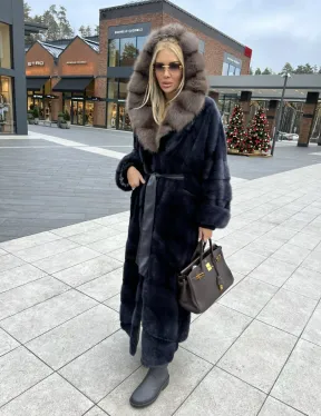 Норковая шуба с капюшоном из меха куницы - цвет инфинити (темно-синий)