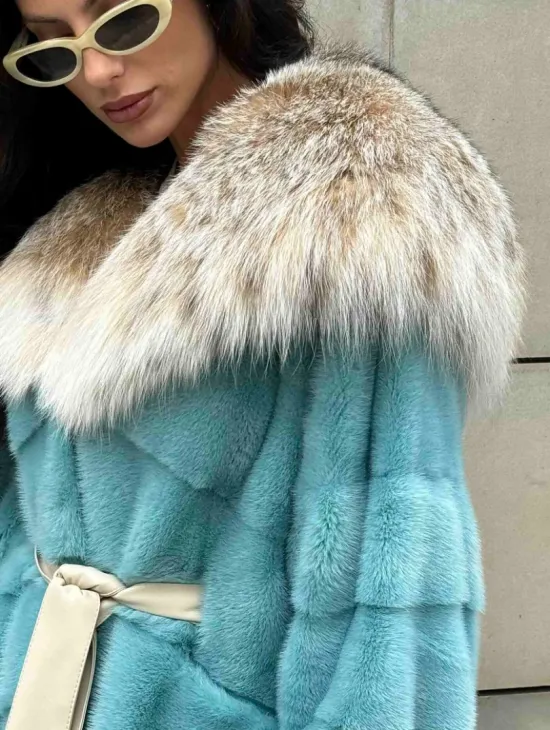 Шуба норковая с капюшоном из меха рыси - цвет Тиффани