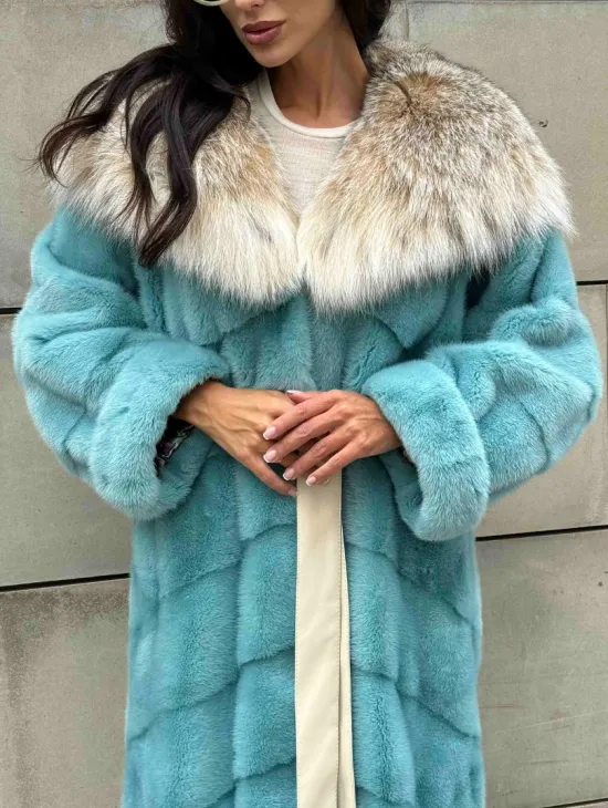 Шуба норковая с капюшоном из меха рыси - цвет Тиффани