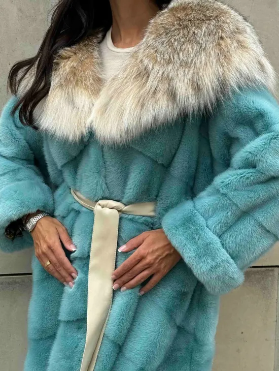 Шуба норковая с капюшоном из меха рыси - цвет Тиффани
