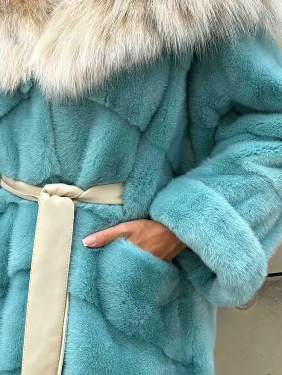 Шуба норковая с капюшоном из меха рыси - цвет Тиффани