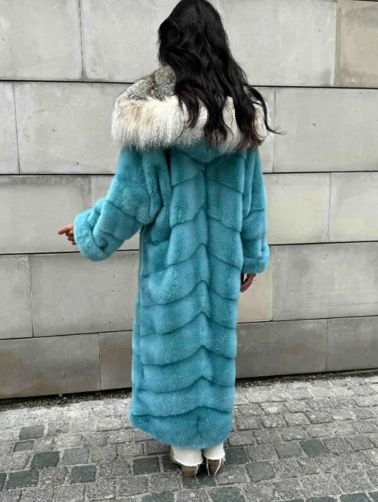 Шуба норковая с капюшоном из меха рыси - цвет Тиффани
