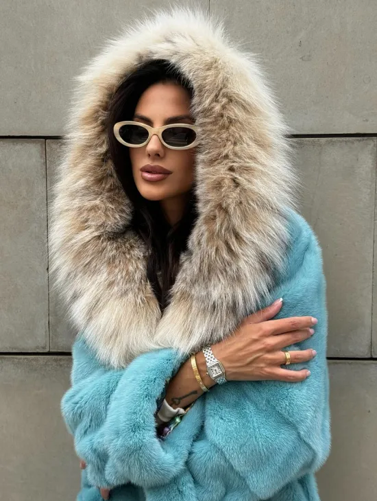 Шуба норковая с капюшоном из меха рыси - цвет Тиффани