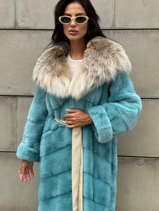 Шуба норковая с капюшоном из меха рыси - цвет Тиффани