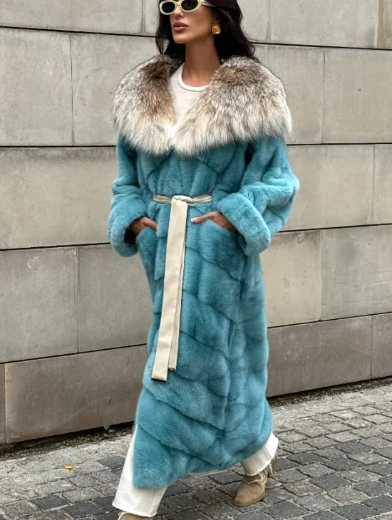 Шуба норковая с капюшоном из меха рыси - цвет Тиффани