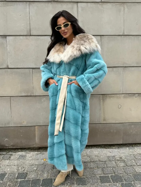 Шуба норковая с капюшоном из меха рыси - цвет Тиффани