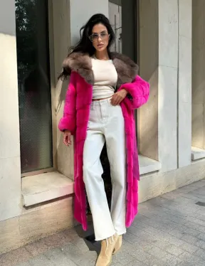 Шуба норковая с капюшоном из меха куницы - цвет фуксия