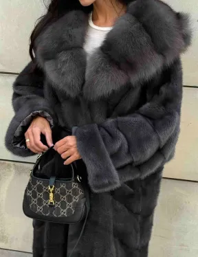 Длинная норковая шуба с капюшоном из меха куницы - цвет графит