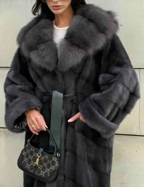 Длинная норковая шуба с капюшоном из меха куницы - цвет графит