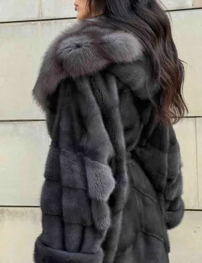 Длинная норковая шуба с капюшоном из меха куницы - цвет графит