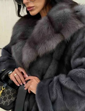 Длинная норковая шуба с капюшоном из меха куницы - цвет графит