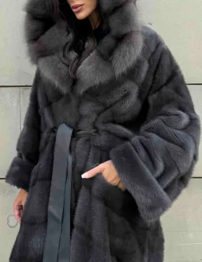 Длинная норковая шуба с капюшоном из меха куницы - цвет графит