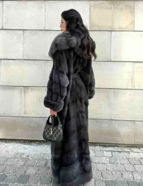 Длинная норковая шуба с капюшоном из меха куницы - цвет графит