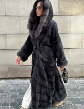 Длинная норковая шуба с капюшоном из меха куницы - цвет графит