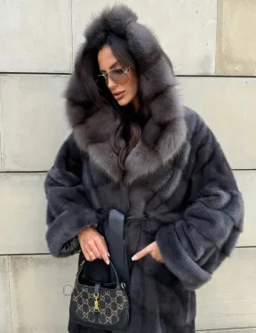 Длинная норковая шуба с капюшоном из меха куницы - цвет графит