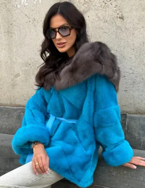 Норковый полушубок с капюшоном из меха куницы - цвет голубой