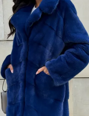 Синяя шуба из аукционного меха норки - английский воротник