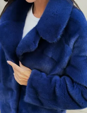 Синяя шуба из аукционного меха норки - английский воротник