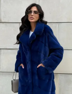 Синяя шуба из аукционного меха норки - английский воротник