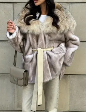 Полупальто из меха норки с капюшоном, отделка из меха рыси - цвет колотый лед