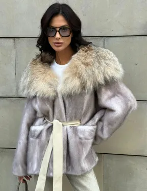 Полупальто из меха норки с капюшоном, отделка из меха рыси - цвет колотый лед