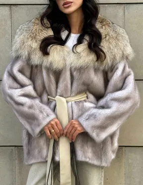 Полупальто из меха норки с капюшоном, отделка из меха рыси - цвет колотый лед
