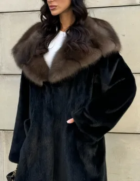 Шуба из норки Saga furs с капюшоном куницы, цельный мех - TOTAL BLACK