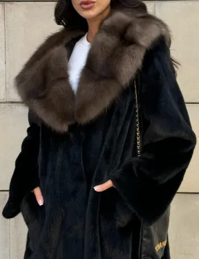 Шуба из норки Saga furs с капюшоном куницы, цельный мех - TOTAL BLACK