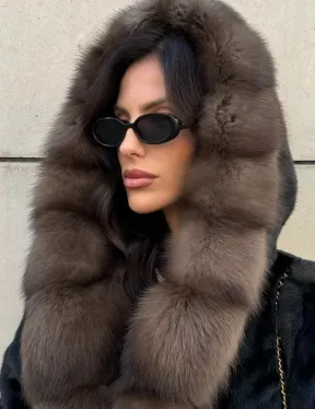 Шуба из норки Saga furs с капюшоном куницы, цельный мех - TOTAL BLACK