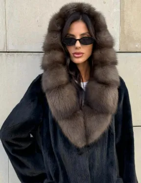 Шуба из норки Saga furs с капюшоном куницы, цельный мех - TOTAL BLACK